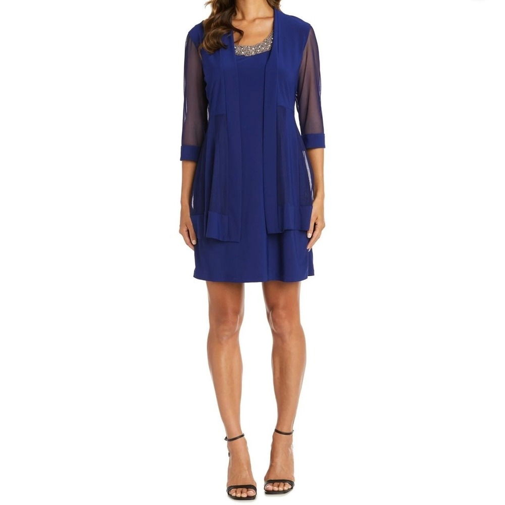 NWD R&M Richards Royal Blue Beaded Neck Jacket Dress 2 Piece Set Sz 12 Formal